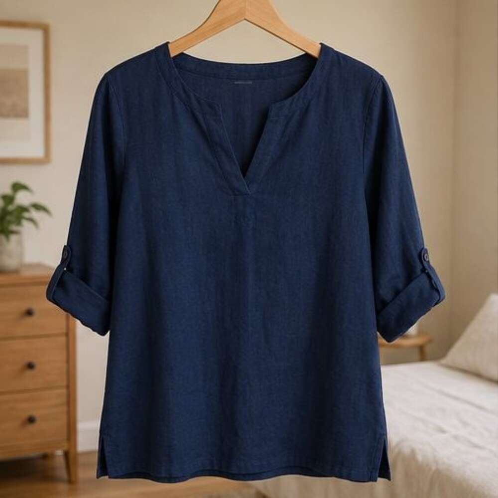 Navy Linen Notch Neck Blouse